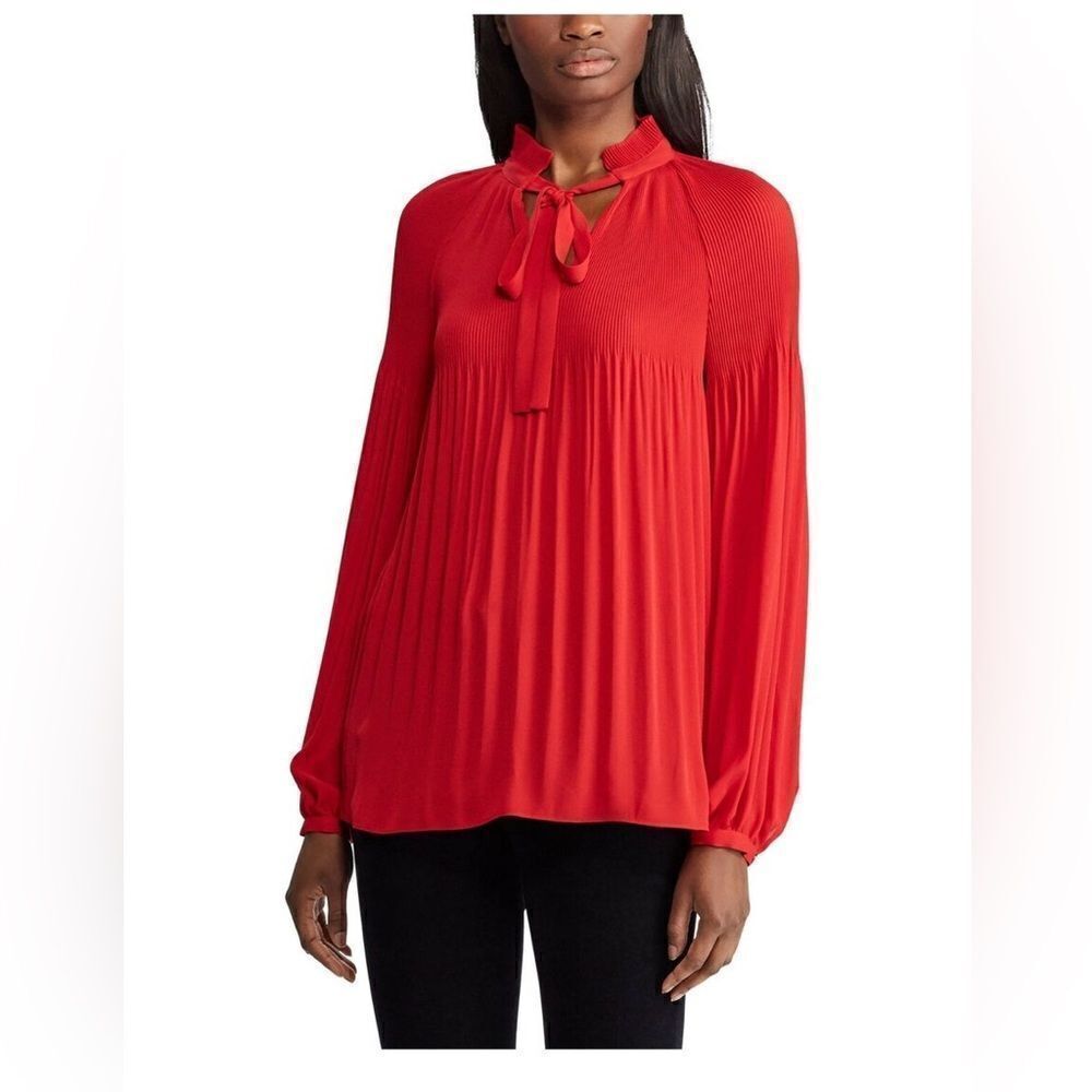 Lauren Ralph Lauren Georgette Tie Neck Red Top Blouse